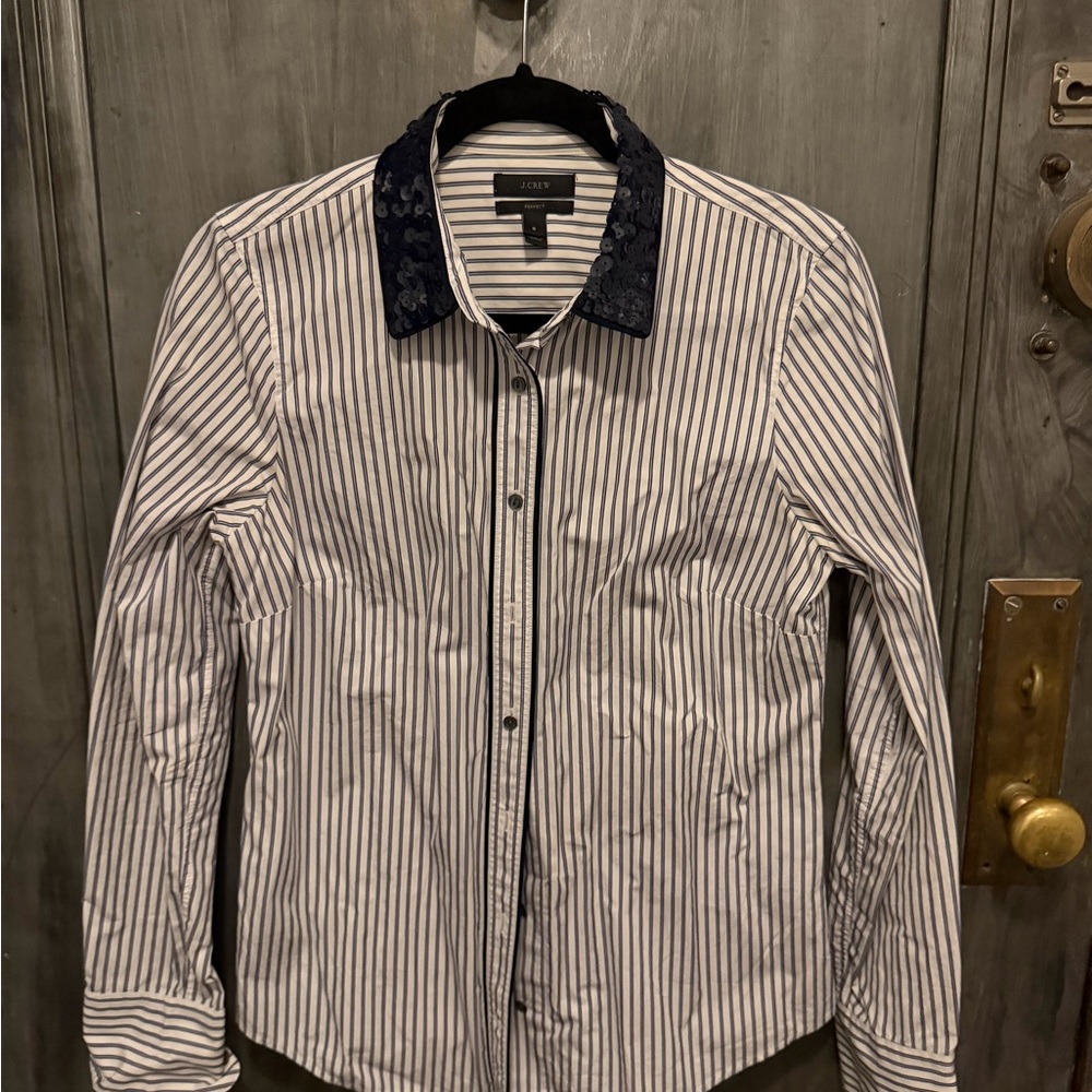 J. Crew Women's Navy Striped Blouse with navy Sequin  Collar